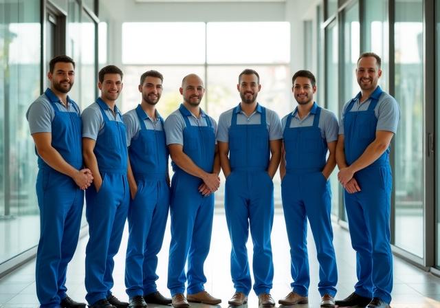 Equipo de limpieza profesional en entorno corporativo